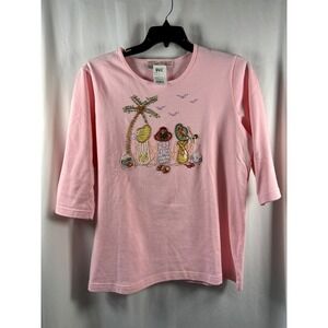 Quacker Factory Pink Beaded Beach Tropical 3/4 Sleeve Top NWT A50731 Large